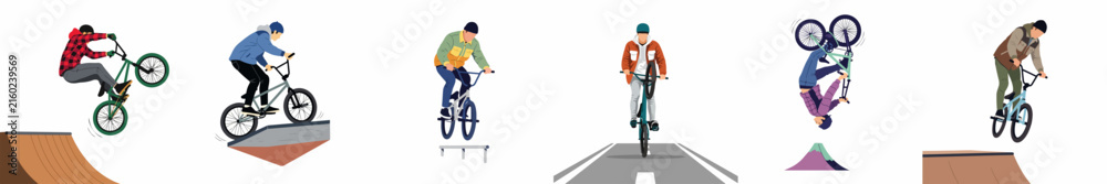 Naklejka premium Collection of flat vector illustrations depicting various BMX riders performing stunts, jumps, and riding in different urban environments on a white background.