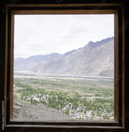 Nubra valley view out of window from Diskit monastery in Ladakh, India