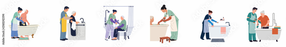 Obraz premium Set of flat illustrations showing caregivers assisting elderly people with bathing, washing, and personal hygiene tasks in a home care setting.