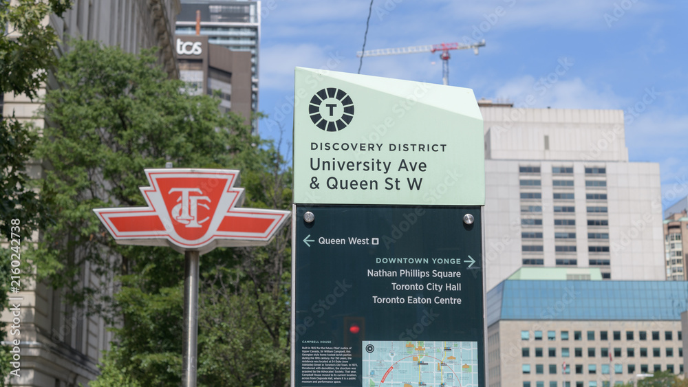 Naklejka premium wayfinding sign in the Discovery District (University Ave & Queen St W) outside Osgoode Line 1 subway station, Toronto