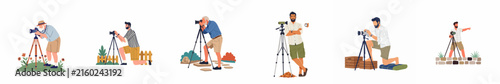 Set of flat character illustrations featuring male photographers with professional cameras and tripods in various outdoor and studio settings.