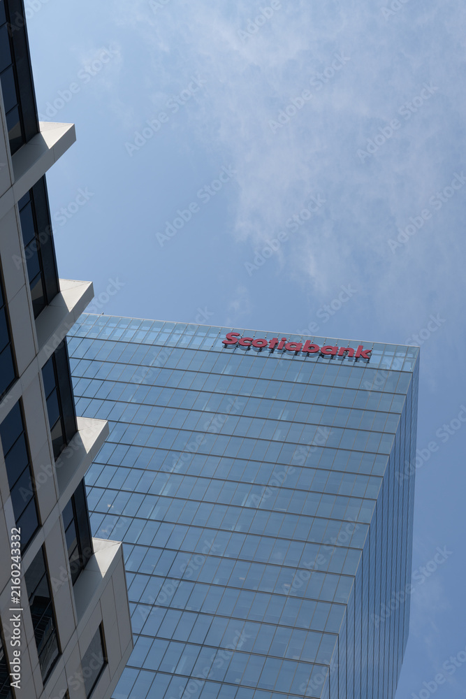Fototapeta premium an upward view of Scotiabank North Tower at 40 Temperance St in the Bay Adelaide Centre complex, Toronto