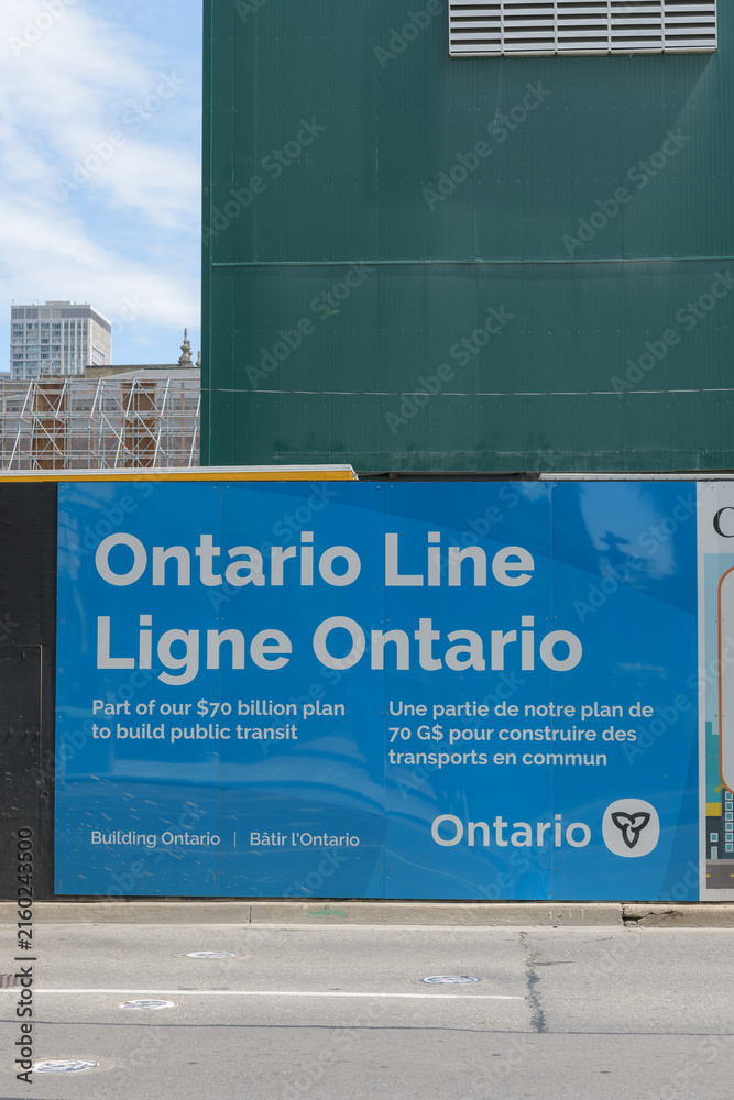 Fototapeta premium Ontario Line sign at the future Osgoode subway station at northeast corner of University Av and Queen St W, Toronto