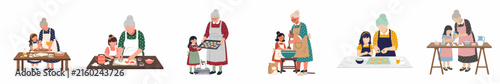 Set of vector illustrations showing grandmothers and granddaughters cooking and baking together, representing family traditions and intergenerational bonding in the kitchen.