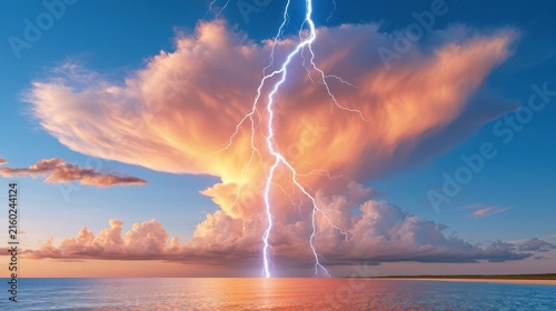 Obraz na płótnie Dramatic lightning strike over ocean at sunset with lit clouds and distant horizon