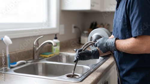 Professional plumber using a drain snake to clear a clogged kitchen sink.