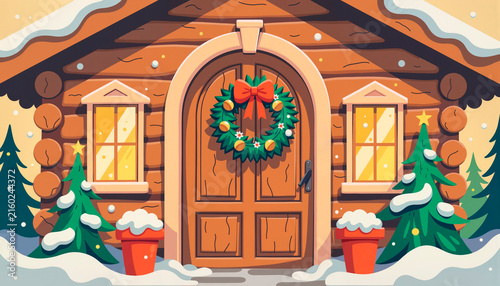 Cozy wooden cabin with Christmas wreath and snow-covered trees  