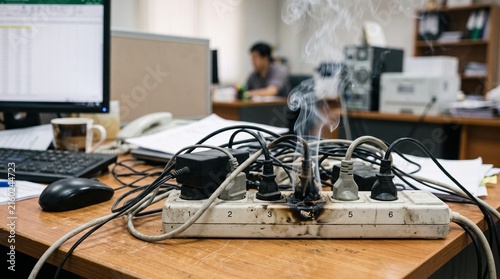 Electrical fire hazard caused by a short circuit in an office power strip.