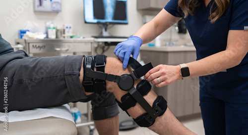 Doctor or physiotherapist adjusting knee brace brace on patient in clinic after injury