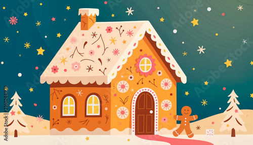 Gingerbread house with candy decorations and snowy landscape  