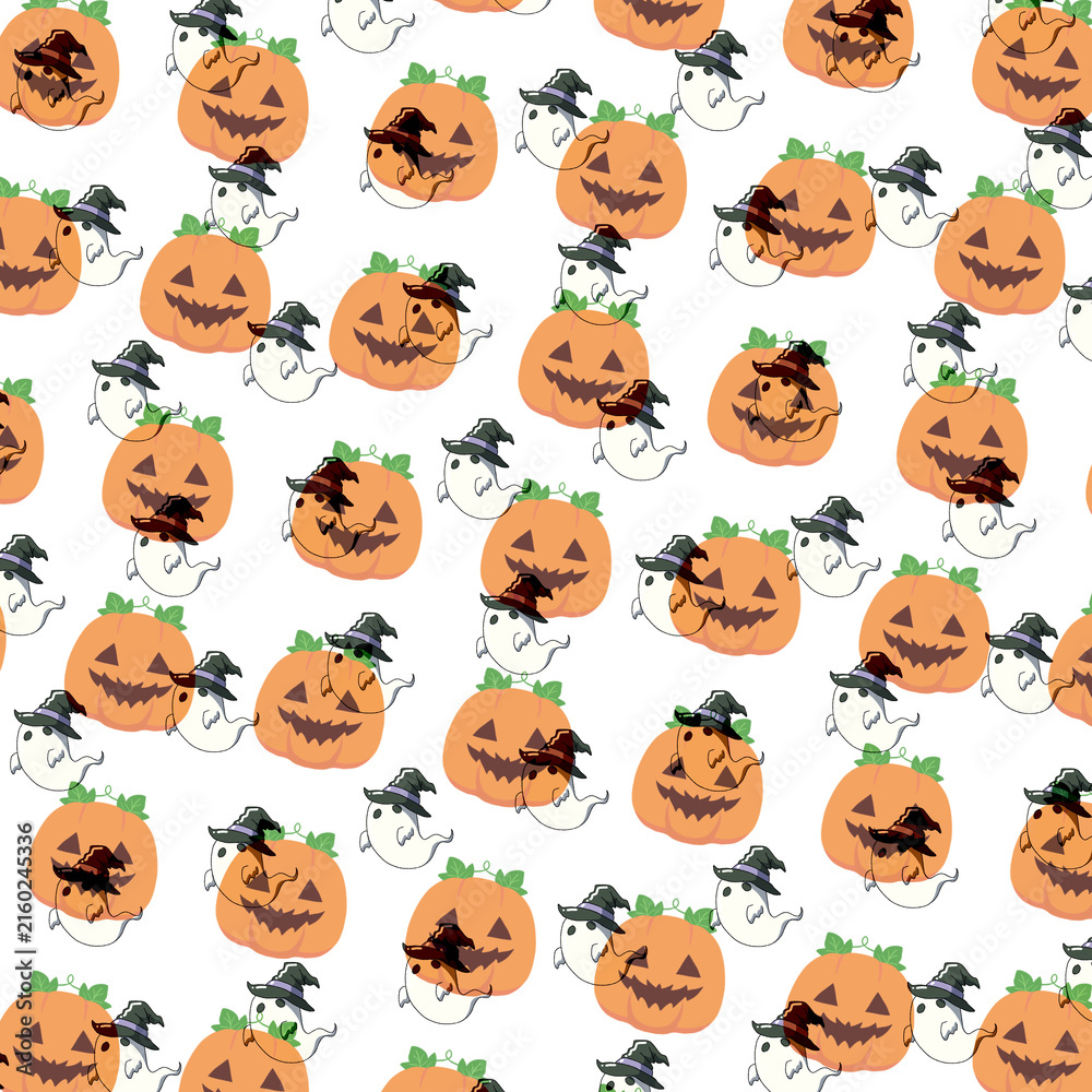 Fototapeta premium Seamless Halloween Pattern with Pumpkins and Cute Ghosts in Witch Hats