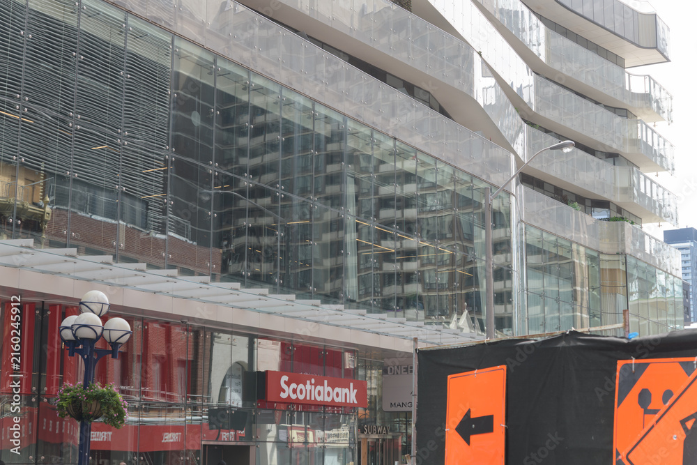 Fototapeta premium podium level with Scotiabank sign at One Bloor (Yonge St side), a bank branch, located at 1 Bloor St E, Toronto