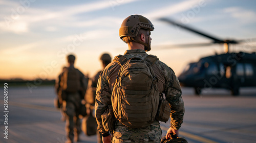 Close-up stock visual focusing on the backs of military personnel carrying heavy gear cases toward a military helicopter. Rich golden sunset light outlining helmets, vests, and gea
