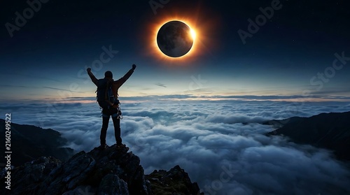 Hiker standing on mountain peak watching a total solar eclipse above the clouds