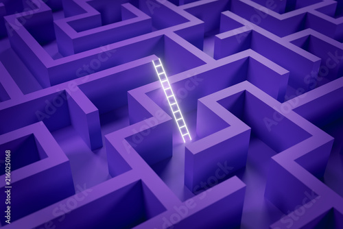 фотографія Glowing white ladder standing inside a large purple labyrinth, searching for a w