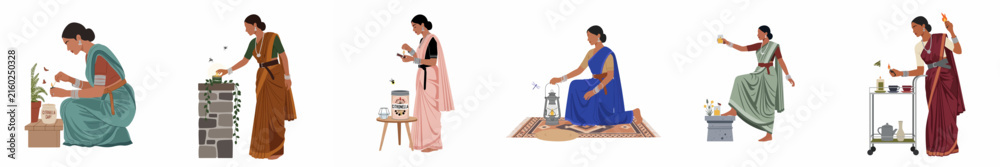 Fototapeta premium Collection of flat illustrations depicting an Indian woman in traditional sarees performing various everyday activities and household chores against a white background.