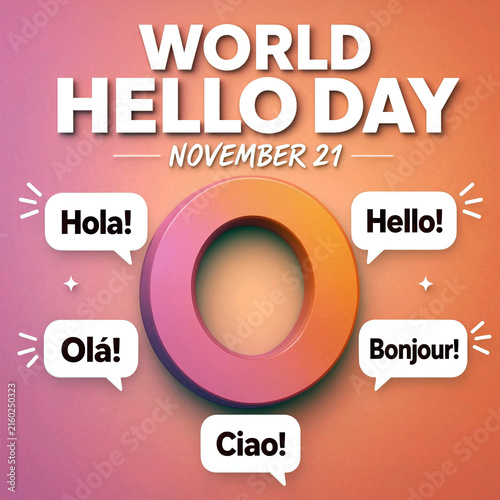 Colorful world hello day celebration poster with greetings in multiple languages on november twentyfirst