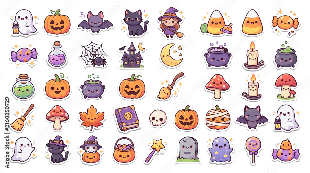Fototapeta premium Cute Halloween stickers set with pumpkins, ghosts, and spooky icons in pastel colors