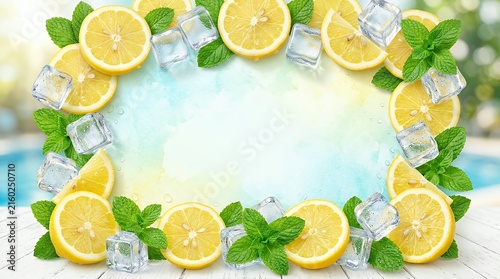 Refreshing summer background with three dimensional lemon slices green mint leaves and frozen ice cubes forming a border frame with copy space lemon ice background summer fruit render mint frame