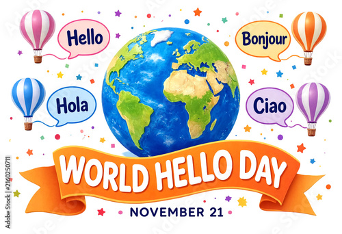 Colorful world hello day celebration with greetings and hot air balloons illustration design