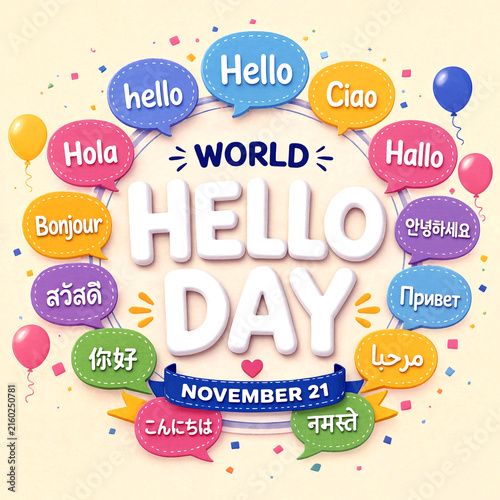Colorful world hello day celebration with multilingual greetings and festive decorations vector illustration