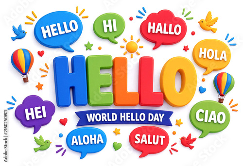 Colorful world hello day greeting with multiple languages and cheerful illustrations isolated design