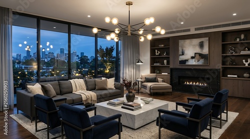 Lavish contemporary residential lounge featuring sleek modern seating arrangements and a sophisticated metallic multi arm ceiling light fixture living room apartment minimalist luxury elegant