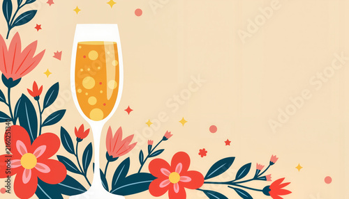 Champagne glass with flowers and stars on a light background  