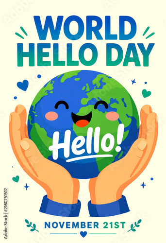 Cute smiling earth character with hands celebrating world hello day on november twenty first illustration