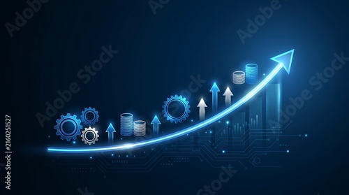 Rising corporate progression graphic displaying successful upward trend pointer on tech blue backdrop with financial development concept business arrow success growth trend increase blue background