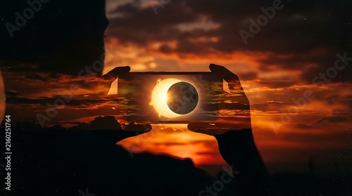 Person photographing a solar eclipse with a smartphone at sunset
