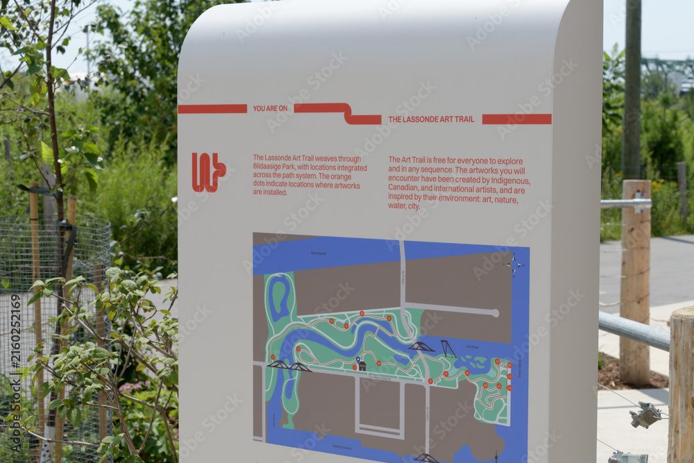 Obraz premium The Lassonde Art Trail (LAT) sign at Biidaasige Park, Port Lands, Toronto (plaza of Old Firehall 30)