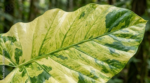 Macro photography of a tropical foliage leaf showing beautiful variegation with detailed green veins and smooth organic plant surface leaf green close-up foliage plant texture pattern tropical