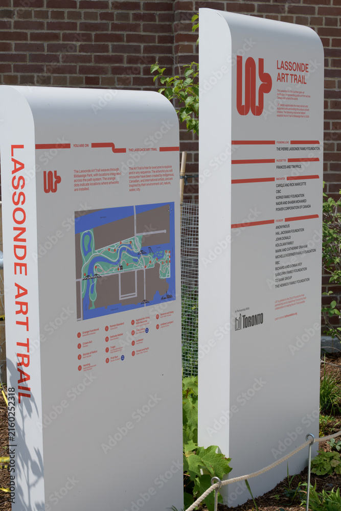 Fototapeta premium The Lassonde Art Trail (LAT) sign at Biidaasige Park, Port Lands, Toronto (near plaza of Old Firehall 30)