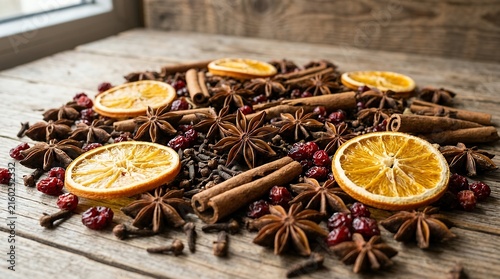 Assorted aromatic flavorings including star anise clove buds and cinnamon sticks combined with dehydrated citrus rounds and red berries spice anise clove cinnamon dry orange slice cranberry mulled