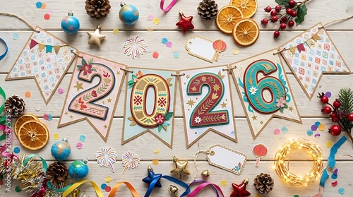 Decorative flat lay holiday banner celebrating the upcoming global new year celebration with creative paper design numbers new year banner flat celebration festive holiday card template design