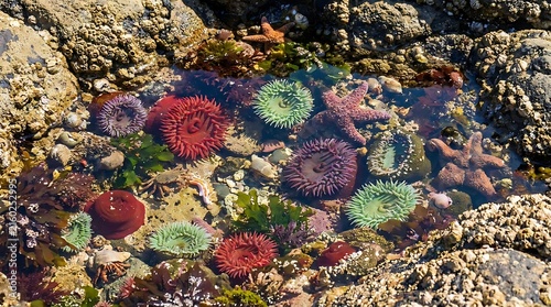 Colorful sea anemones in a rocky tide pool at low tide on the Pacific coast