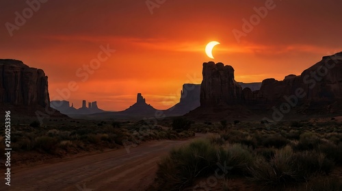 Solar eclipse over desert landscape with dramatic sunset sky and rock formations
