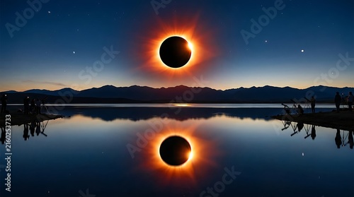 Total solar eclipse over a calm lake with silhouettes of people watching the event