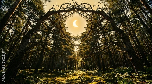 Mystical forest archway with a glowing crescent moon in a dark woodland landscape