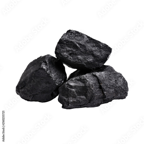 Three irregular, shiny black coal chunks with rough textures are clustered together.