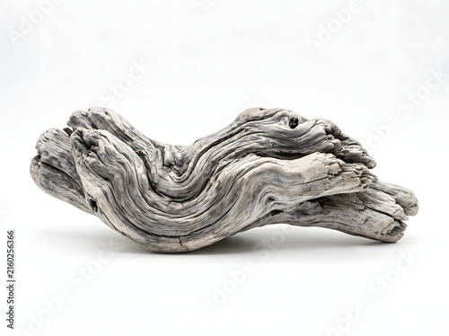 Weathered driftwood piece rests on a white background detailed macro photography