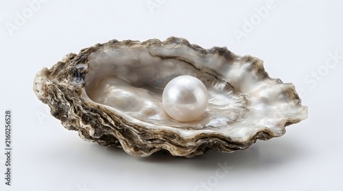 A pearl rests inside an open oyster shell on a white surface