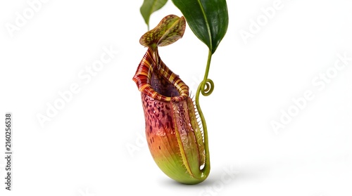 Pitcher plant specimen with mottled leaves stands against a white background