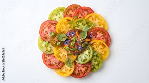Sliced tomatoes arranged in a circular pattern on a white background