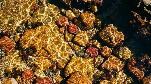 Sunlight reflections on colorful river stones underwater in a clear shallow stream
