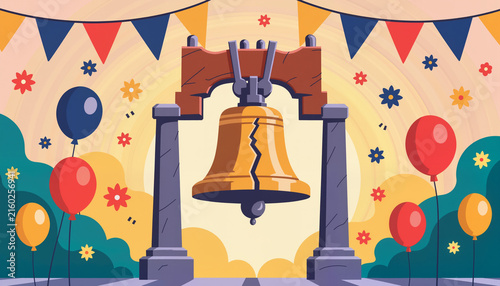 Liberty Bell illustration surrounded by festive decor, Independence Day celebration
