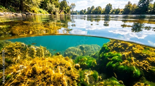 Split level view of a clear river with underwater aquatic plants and forest landscape