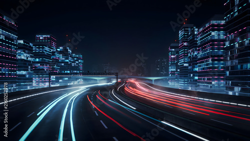 Night City Skyline With Curving Highway Light Trails and Urban Traffic Long Exposure