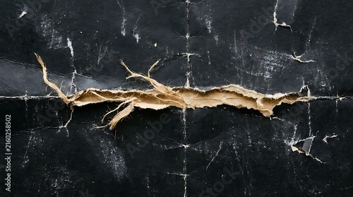 Torn black paper texture with ripped edges and rough cardboard background layer